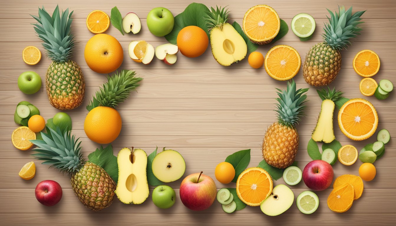 A pineapple surrounded by 15 other natural antihistamine foods, such as apples, oranges, and ginger, arranged in a circular pattern on a wooden table