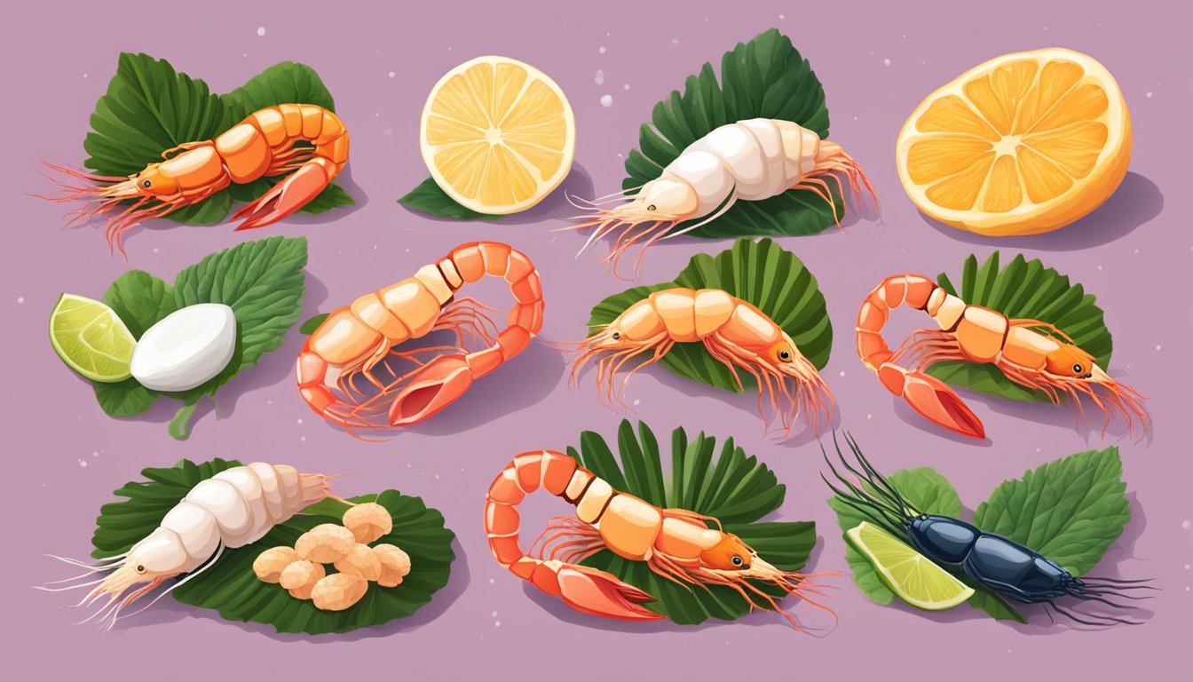 A variety of shrimp arranged with nine other selenium-rich foods on a vibrant, health-themed background