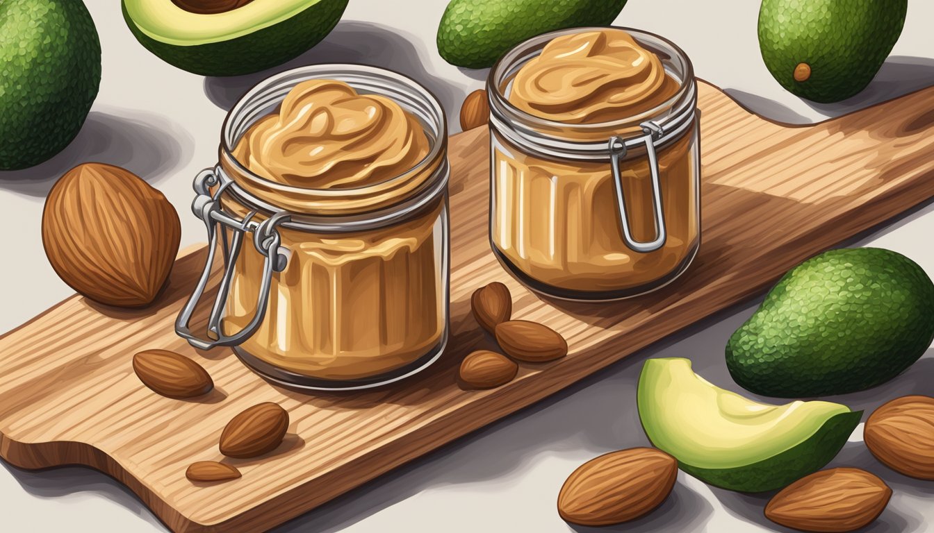 A jar of peanut butter surrounded by almonds, avocados, and raisins on a wooden cutting board