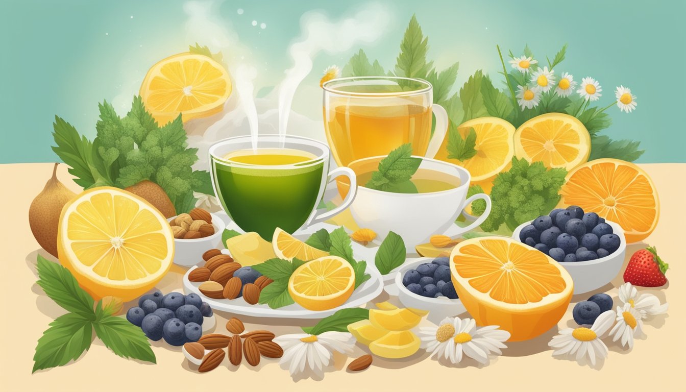 A steaming cup of chamomile tea surrounded by 15 different types of natural antihistamine foods, such as fruits, vegetables, and nuts, arranged in a colorful and inviting display