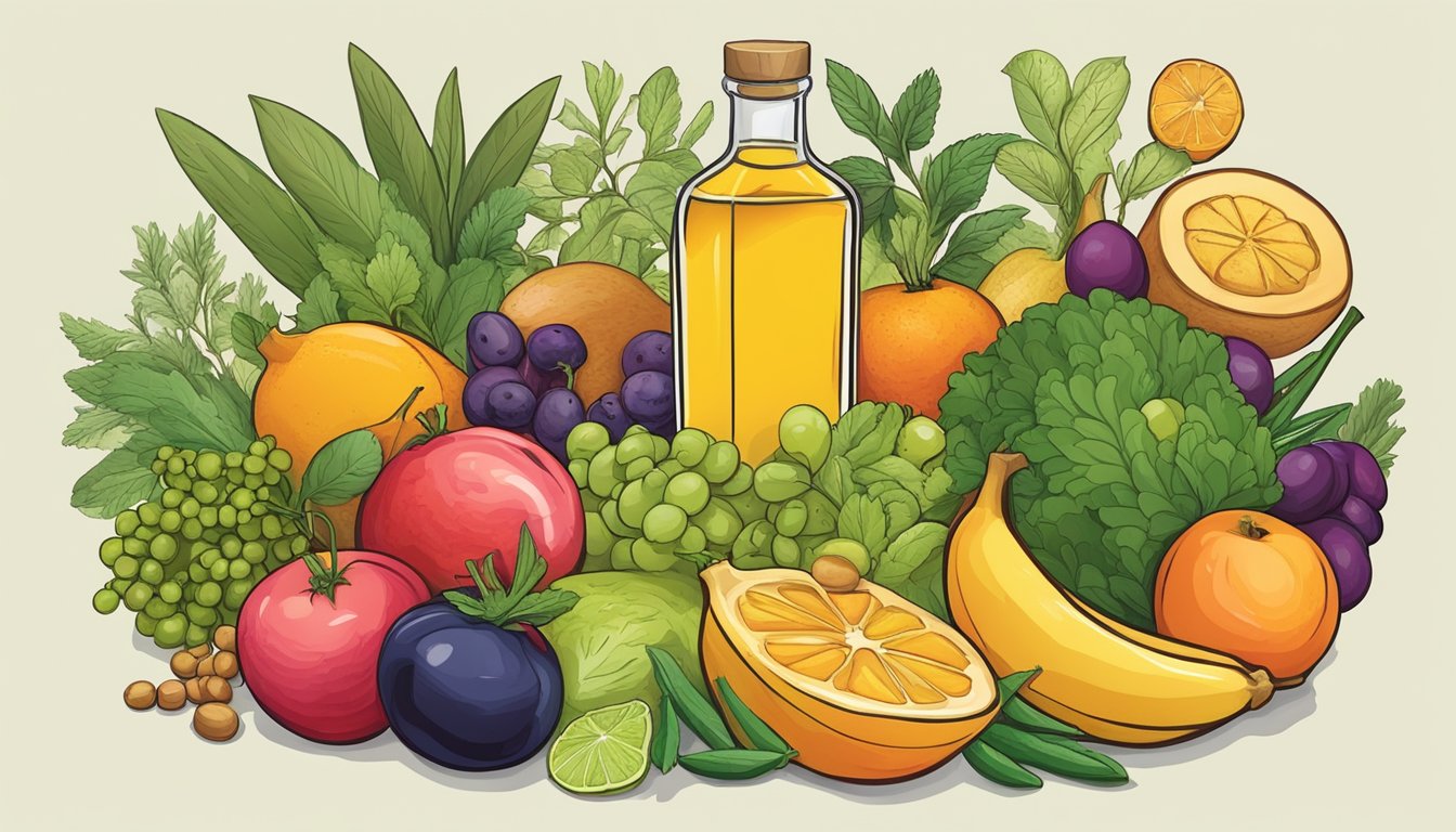 A colorful array of fruits, vegetables, and herbs arranged around a bottle of olive oil, symbolizing natural antihistamine foods to combat allergies