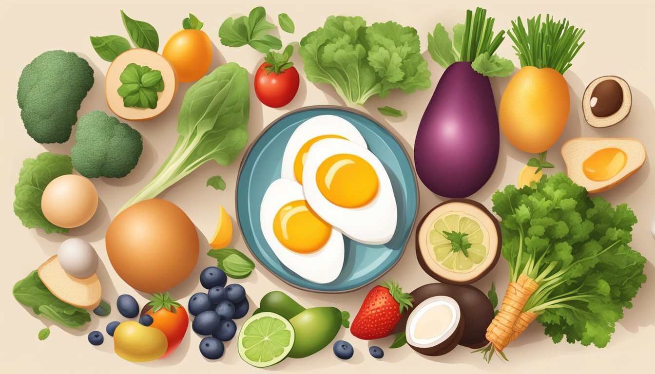 A variety of selenium-rich foods, including eggs, are arranged on a table, surrounded by vibrant fruits and vegetables, illustrating a balanced and healthy diet