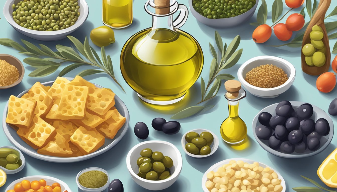 A colorful array of nutrient-dense foods, including olive oil, displayed on a table with a focus on their boron-rich properties