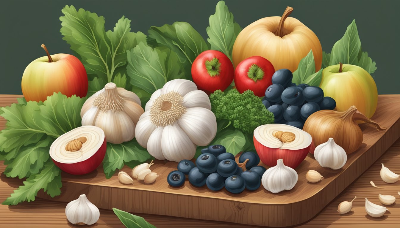 A pile of 15 garlic cloves surrounded by various natural antihistamine foods, such as apples, berries, and leafy greens, arranged on a wooden cutting board