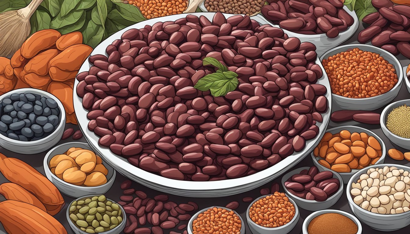 A colorful pile of red kidney beans surrounded by 9 other nutrient-dense foods, with a focus on their high boron content