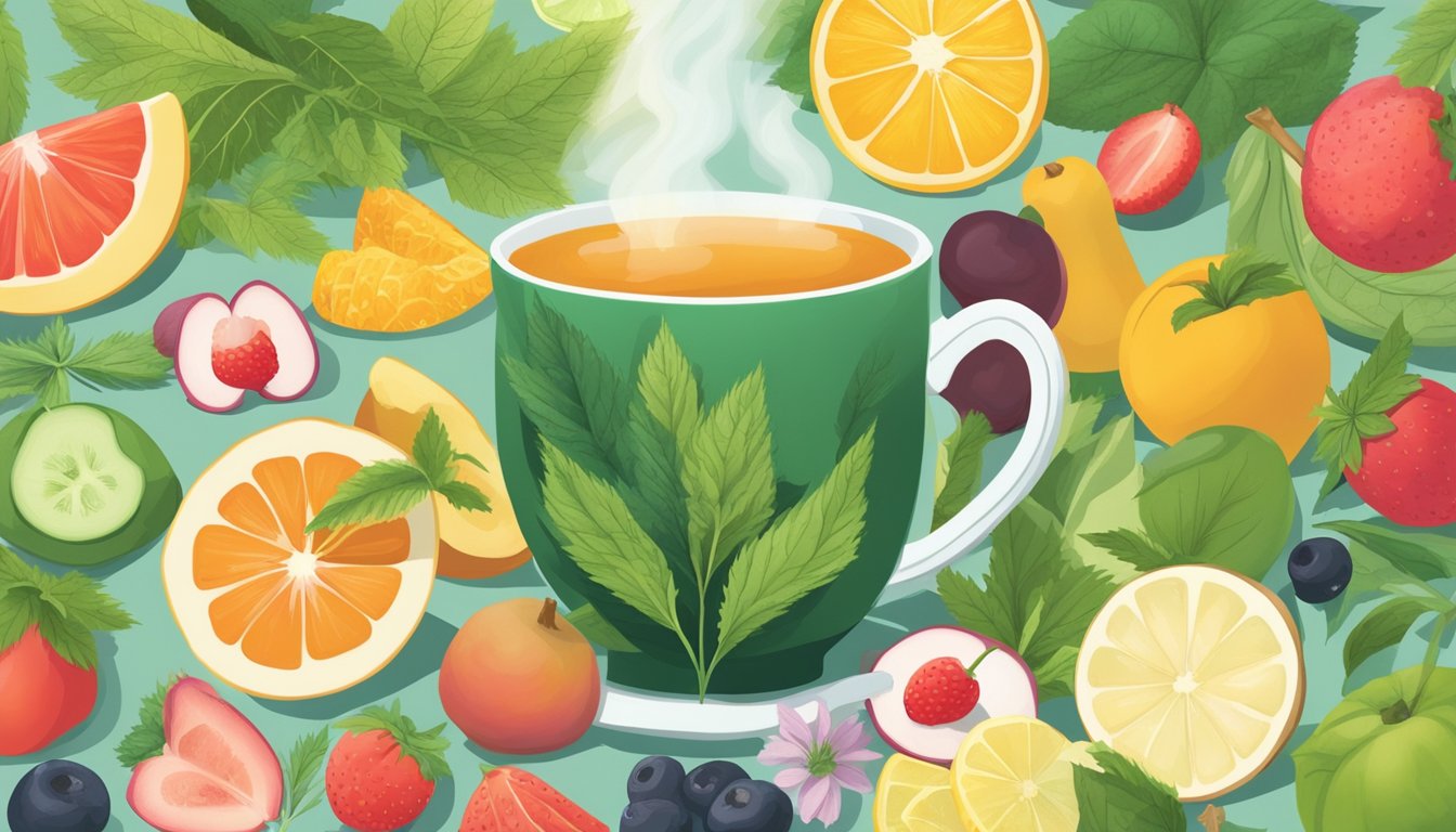 A steaming cup of nettle leaf tea surrounded by 15 different natural antihistamine foods, such as fruits, vegetables, and herbs, arranged in a vibrant and inviting display