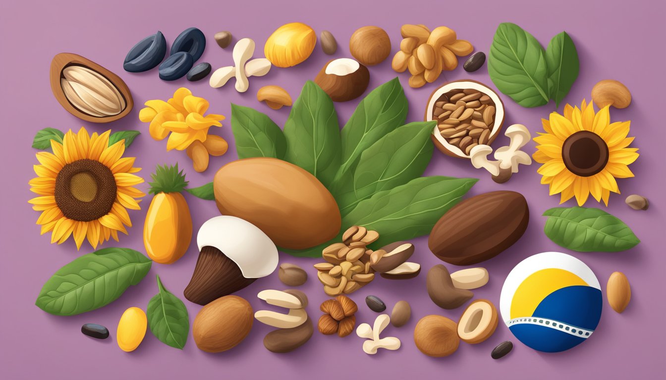 A colorful array of selenium-rich foods, such as Brazil nuts, sunflower seeds, and mushrooms, arranged on a vibrant background to depict their role in boosting immune health