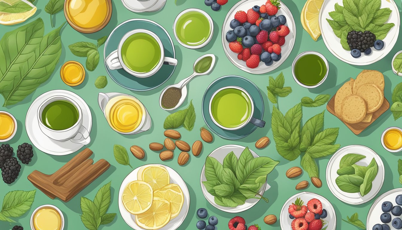 A table with a cup of green tea surrounded by 15 different types of natural antihistamine foods, such as berries, nuts, and leafy greens