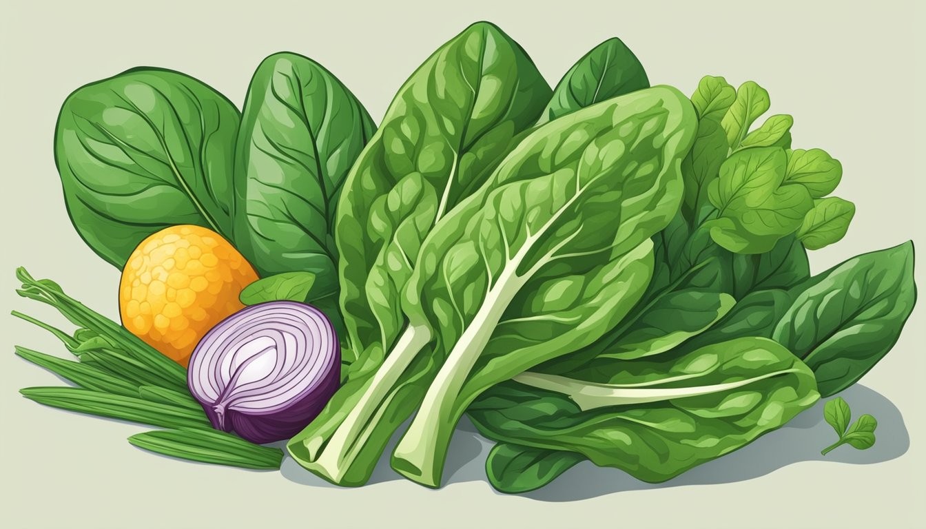 A vibrant assortment of spinach leaves, along with other nutrient-rich foods high in B vitamins, arranged in a visually appealing composition