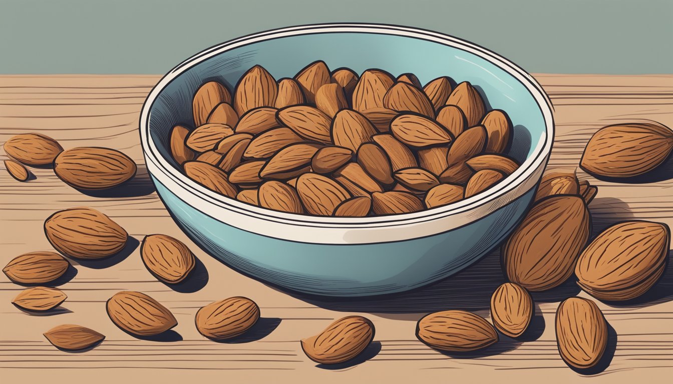 A bowl filled with almonds, surrounded by other nutrient-packed foods high in magnesium and potassium