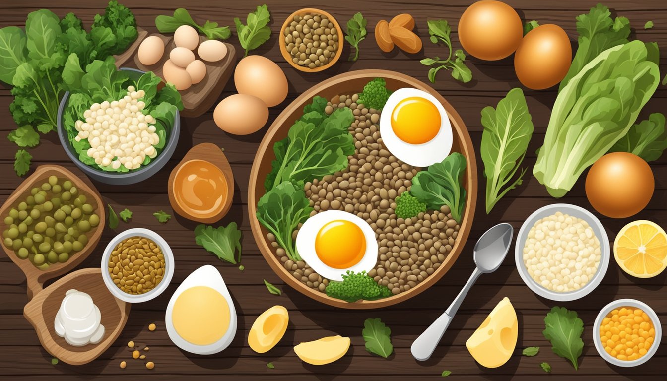 A bowl of lentils surrounded by various foods rich in B vitamins, such as leafy greens, eggs, and dairy products, arranged on a wooden table