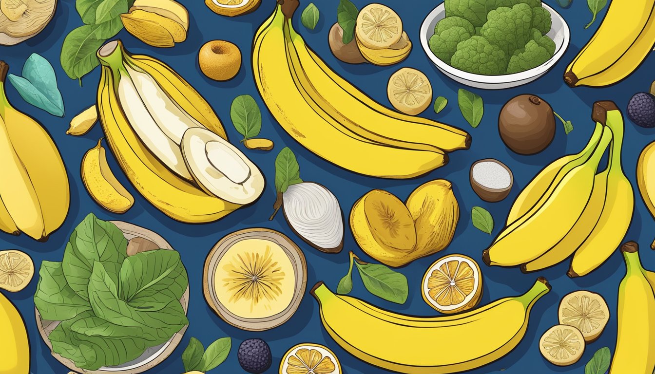 A colorful array of nutrient-packed foods, including a vibrant yellow banana, surrounded by items high in magnesium and potassium