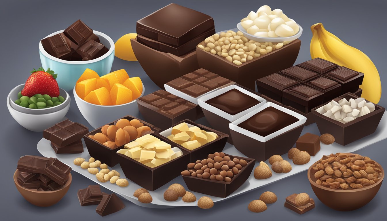 A table with a variety of nutrient-packed foods, including dark chocolate, arranged in an appealing display