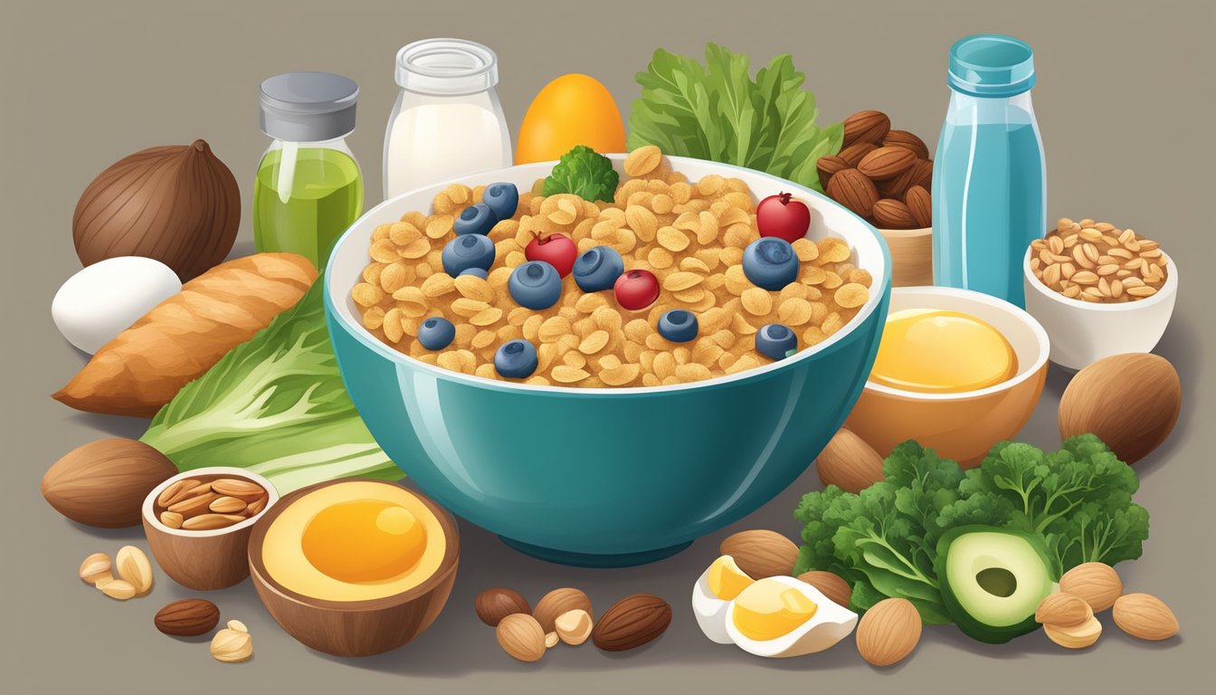 A bowl of fortified cereal surrounded by 10 nutrient-rich foods high in B vitamins, such as leafy greens, eggs, and nuts, for optimal health