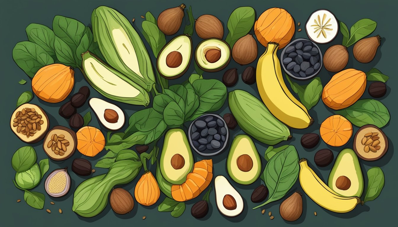 A vibrant array of spinach, bananas, avocados, almonds, and sweet potatoes, surrounded by figs, black beans, and quinoa