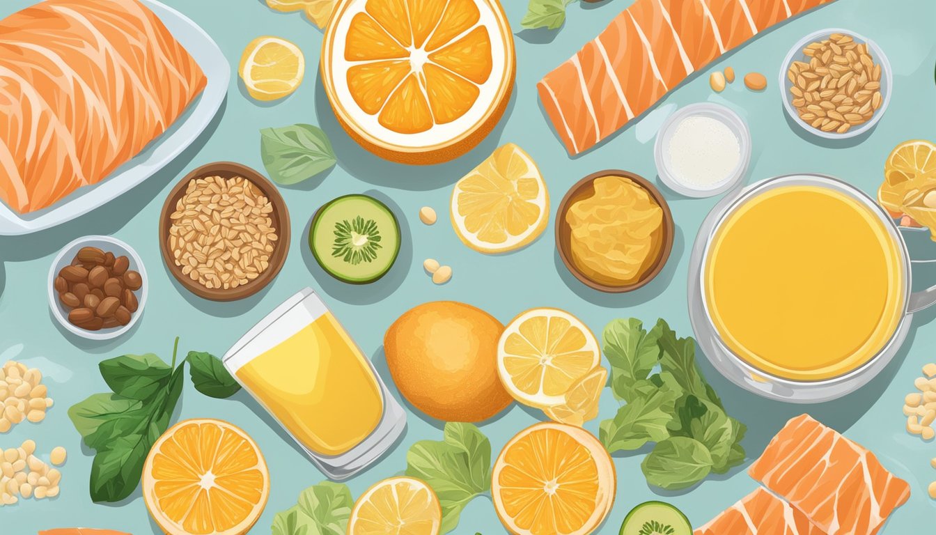 A glass of orange juice surrounded by a variety of foods rich in vitamin D, such as salmon, eggs, and fortified cereals