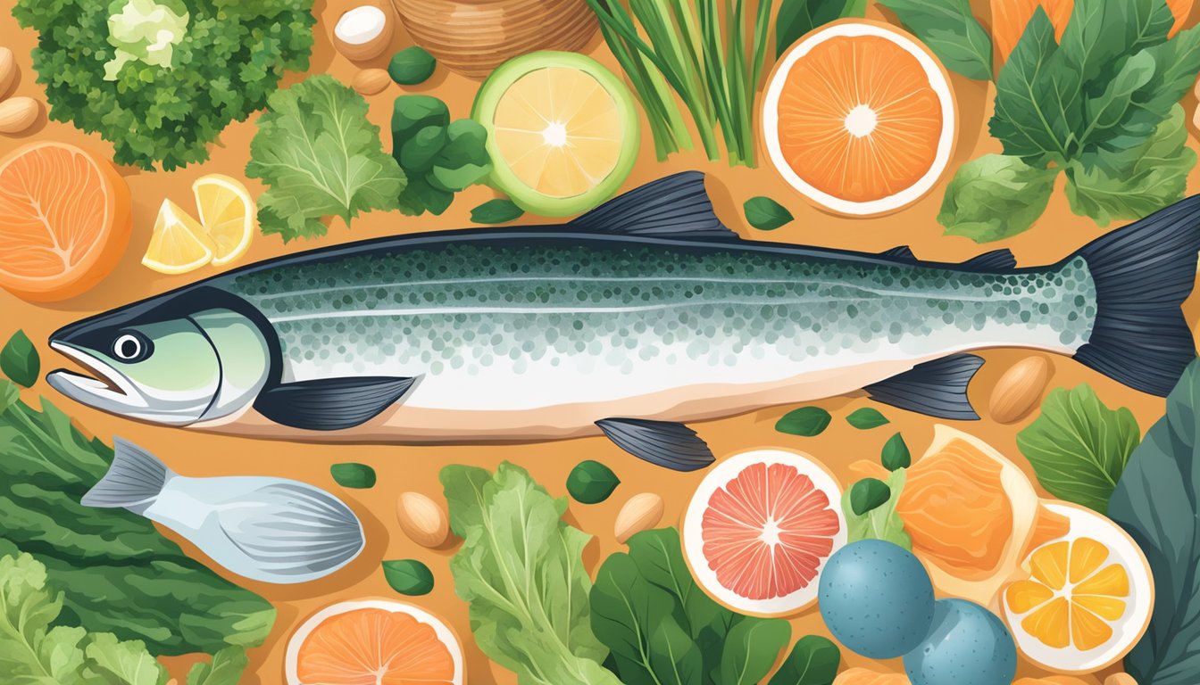 A vibrant salmon swimming among a variety of nutrient-rich foods, including leafy greens, eggs, and nuts, all rich in B vitamins