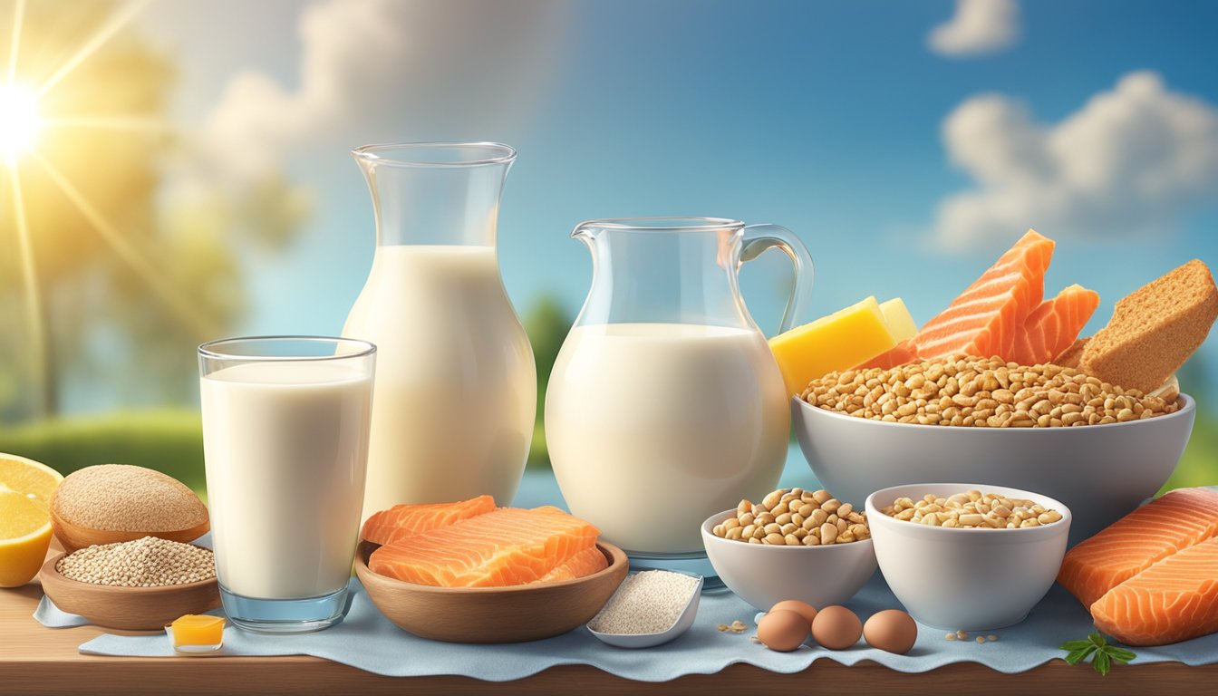 A glass of milk surrounded by a variety of foods rich in vitamin D, such as salmon, eggs, and fortified cereals, under a bright sun