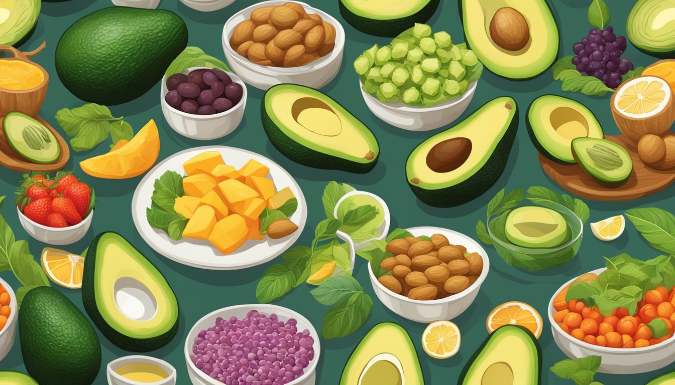 A table with a variety of nutrient-rich foods, including avocados, displayed in a colorful and appetizing arrangement