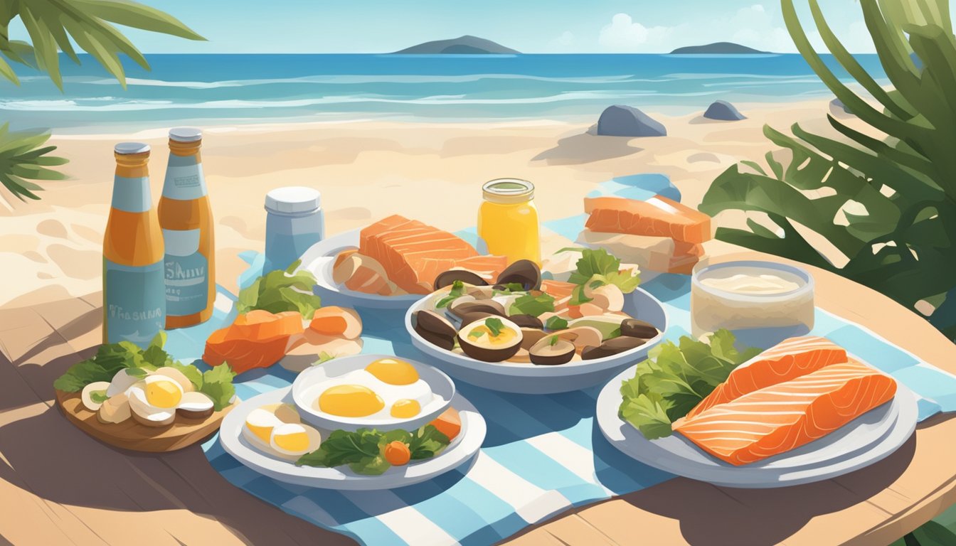 A sunny beach with a picnic spread of salmon, tuna, eggs, mushrooms, and fortified dairy products. Sunlight streams down, casting shadows on the food