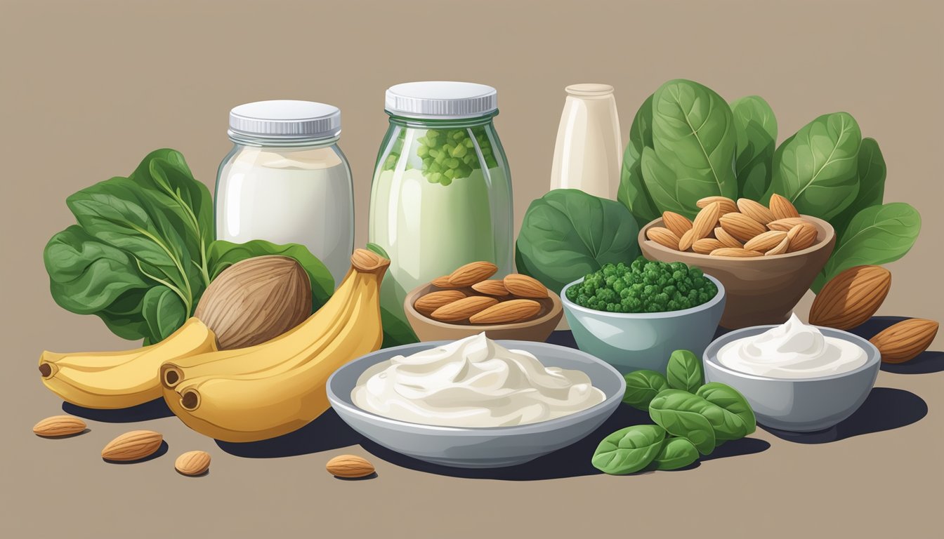 A variety of nutrient-packed foods, including yogurt, spinach, and almonds, are arranged on a table, with emphasis on their high magnesium and potassium content