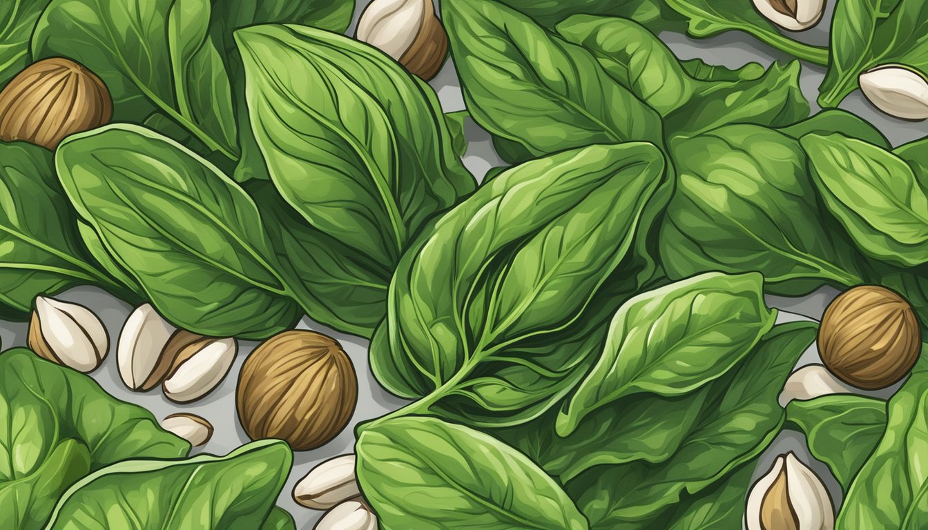 A vibrant pile of spinach leaves surrounded by nuts, seeds, and beans, all rich in magnesium and zinc