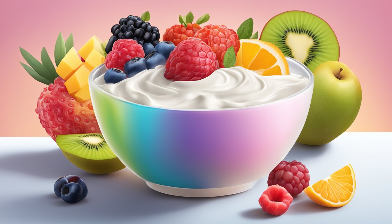 A bowl of yogurt with a mix of colorful fruits, surrounded by sugary foods and drinks, creating a contrast of healthy and high-sugar options