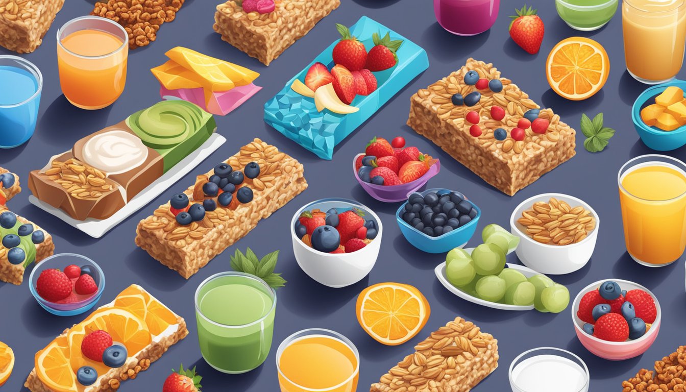 A colorful array of granola bars, fruit juices, and yogurt cups displayed on a table, surrounded by vibrant fruits and sugary snacks