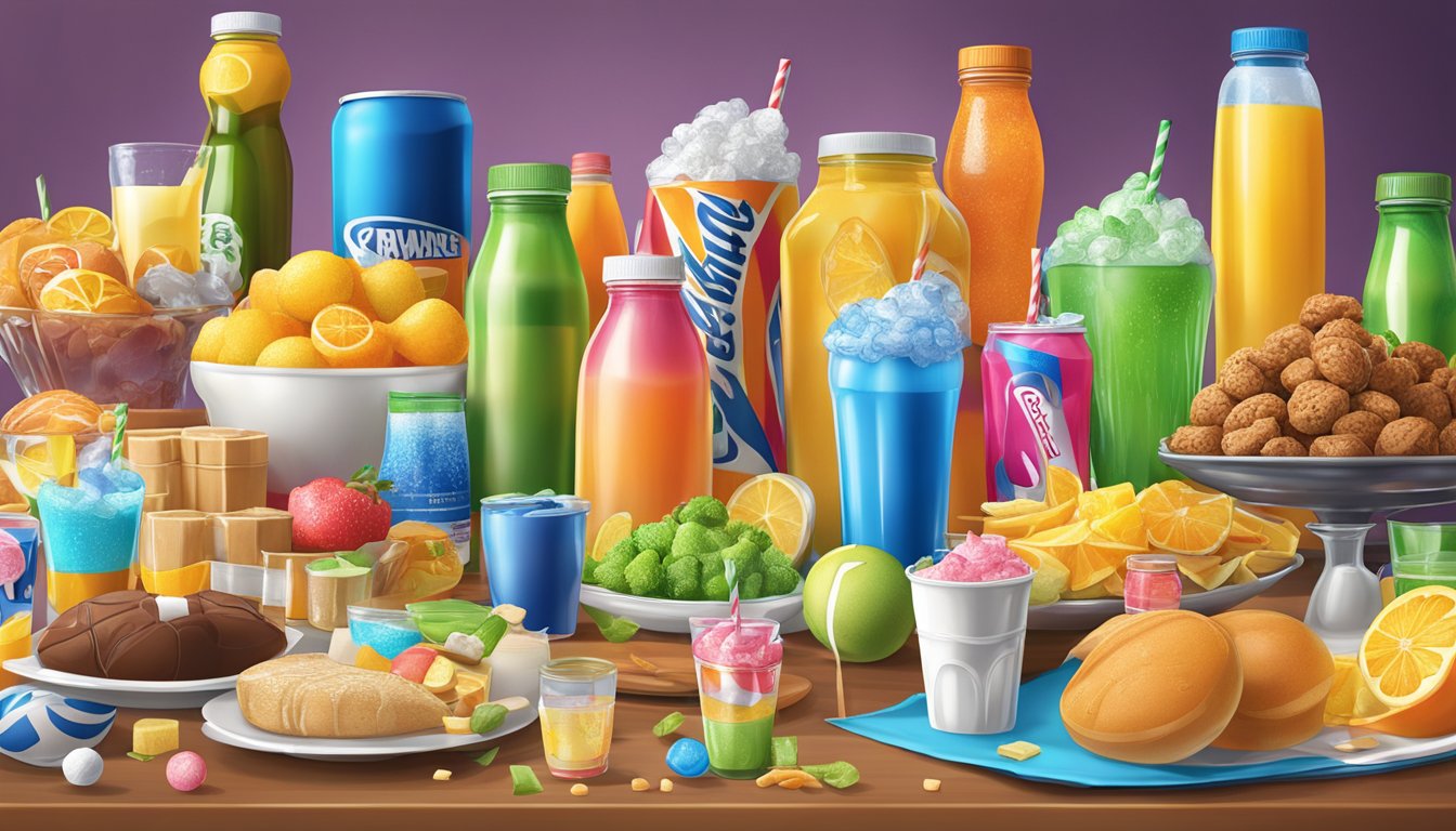 A colorful array of sports drinks and sugary foods displayed on a table