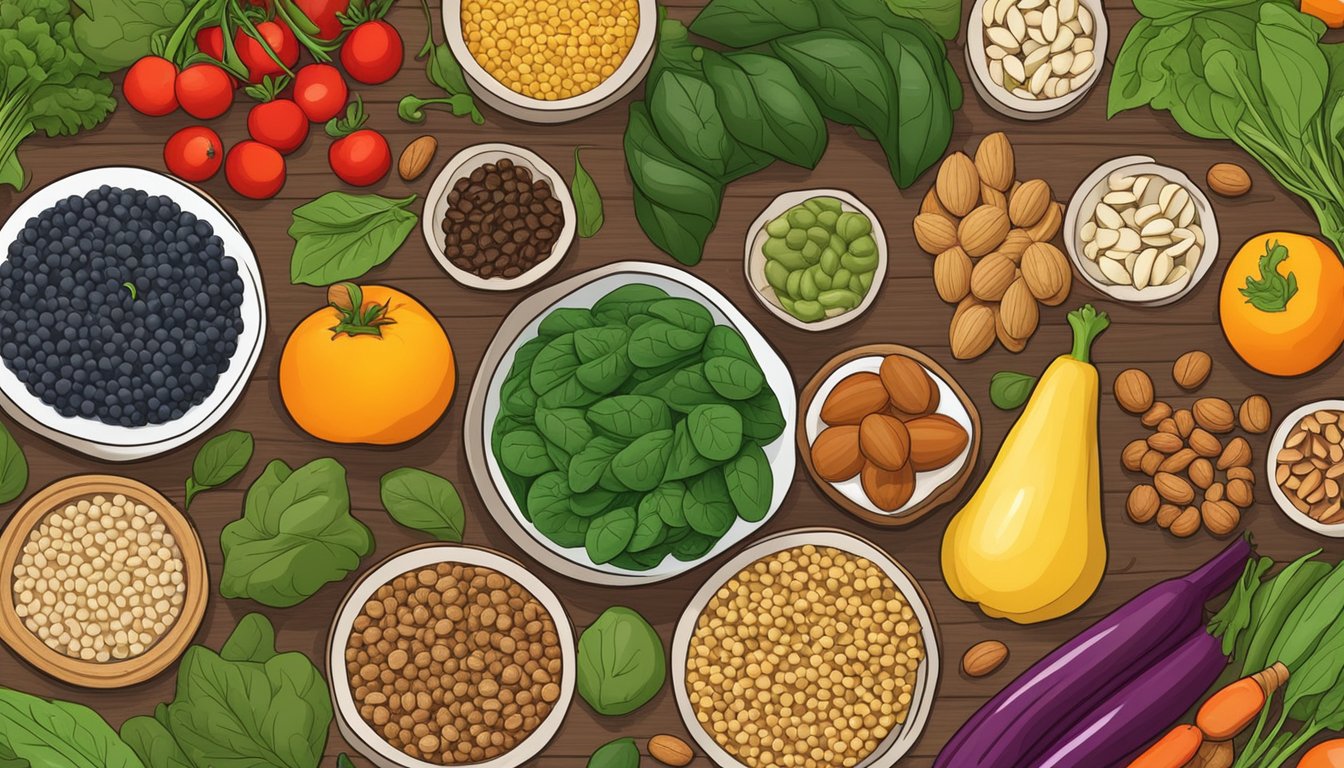 A colorful array of quinoa, spinach, nuts, and seeds arranged on a wooden cutting board, surrounded by vibrant fruits and vegetables