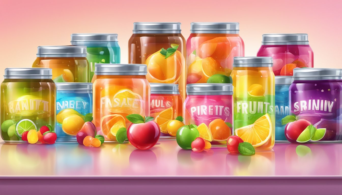 A variety of canned fruits in syrup arranged on a table, with colorful labels and shiny, sugary liquid dripping from the fruit pieces