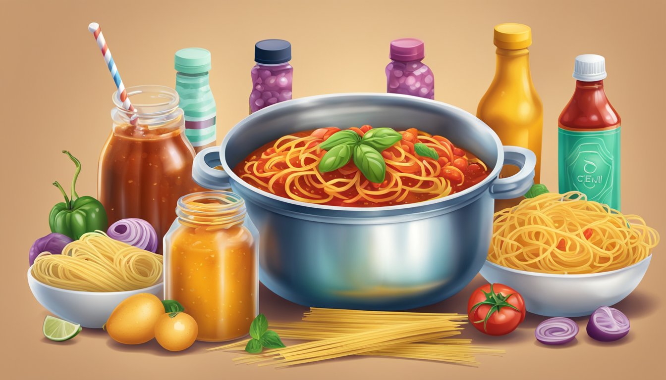 A pot of spaghetti sauce surrounded by sugary foods and drinks