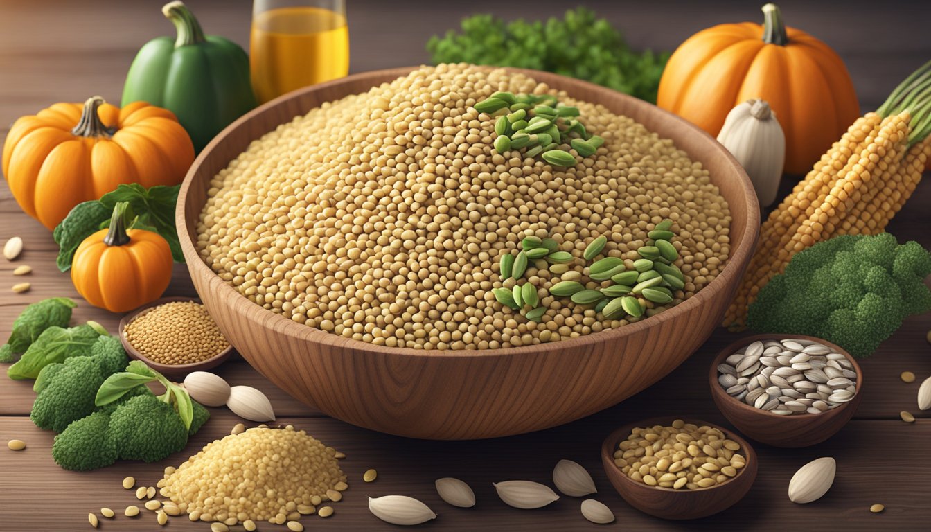 A bowl of quinoa surrounded by 9 other phosphorus-rich foods, such as pumpkin seeds, lentils, and sunflower seeds, arranged on a wooden table