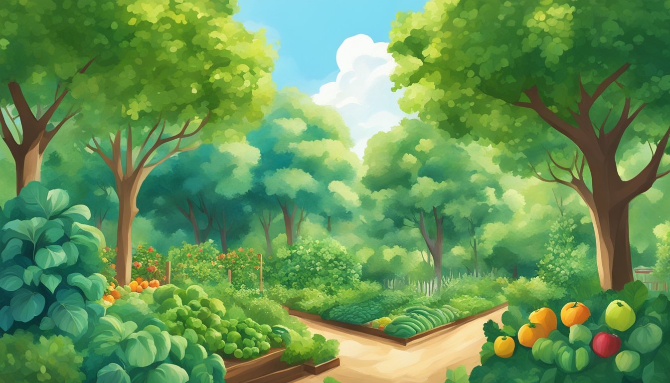 A lush garden bursting with vibrant green vegetables and fruits, surrounded by tall trees and a clear blue sky