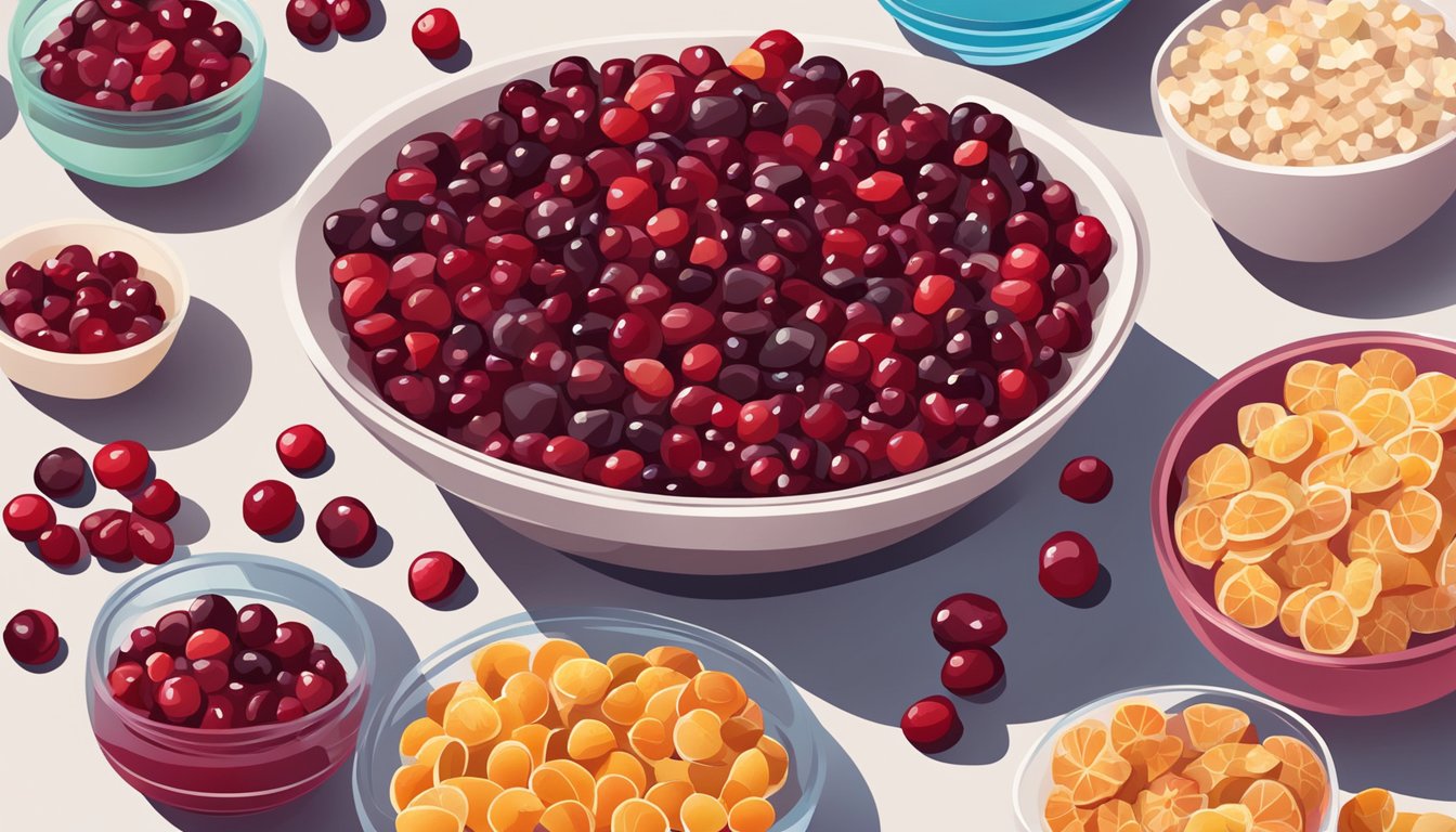 A bowl of dried cranberries surrounded by sugary foods and drinks