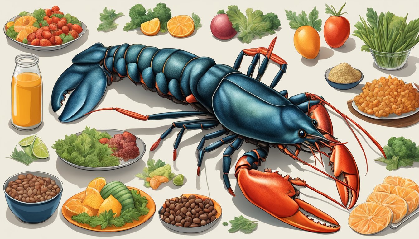 A lobster surrounded by 10 phosphorus-rich foods