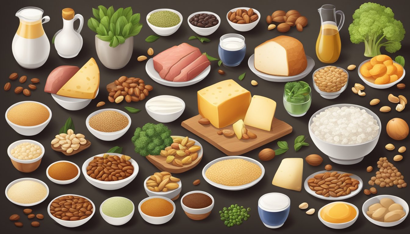 A table with 10 different phosphorus-rich foods arranged in a visually appealing manner, such as beef, dairy products, nuts, and seeds