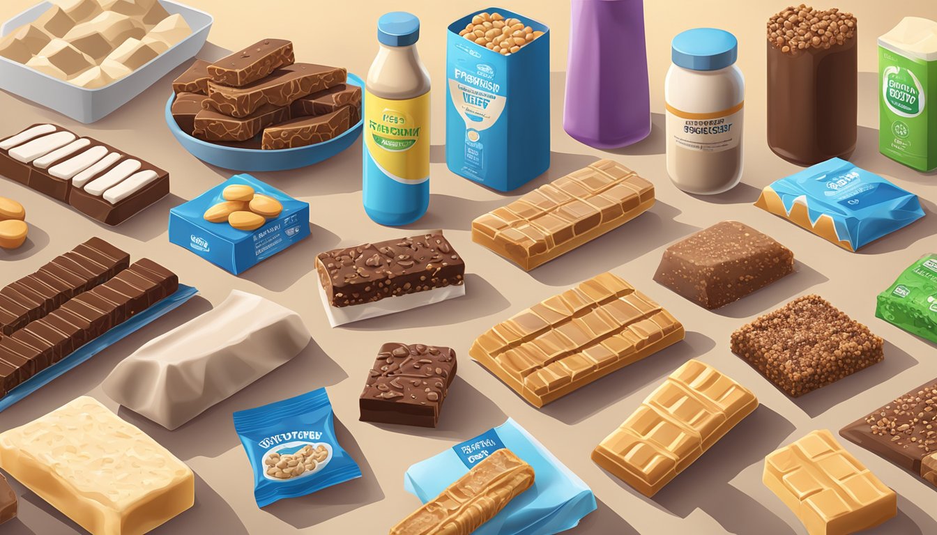 A variety of protein bars and sugary foods displayed on a table