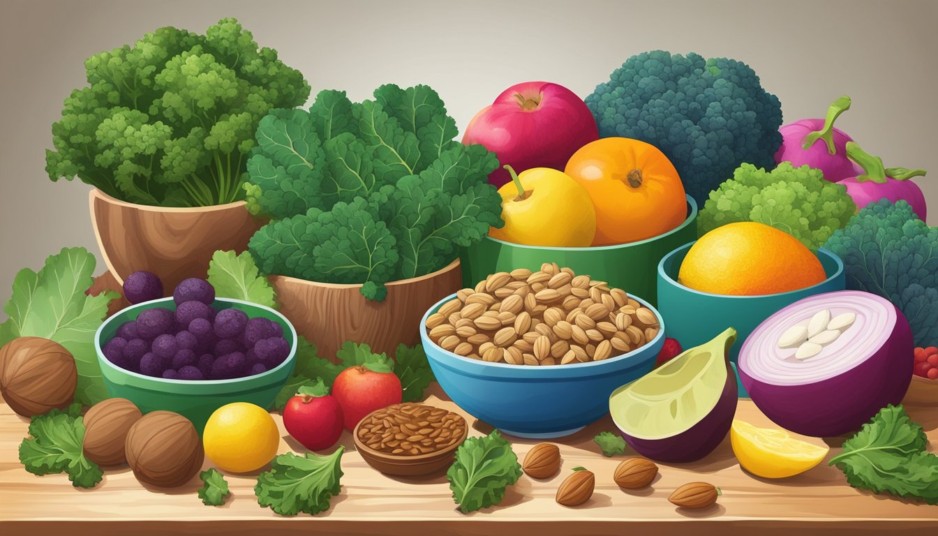 A vibrant assortment of kale, nuts, seeds, and fruits arranged on a wooden cutting board, surrounded by colorful bowls and utensils