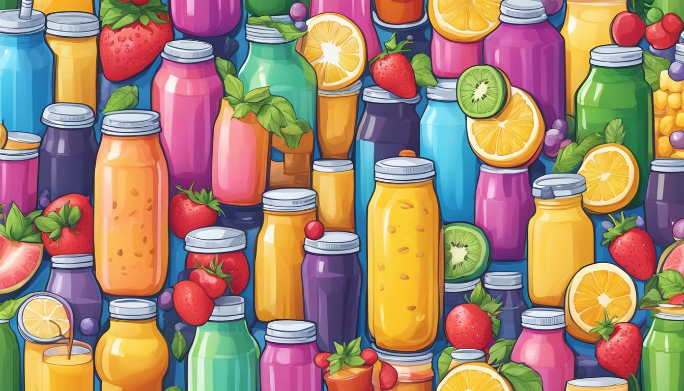 A colorful array of bottled smoothies surrounded by various sugary foods and drinks