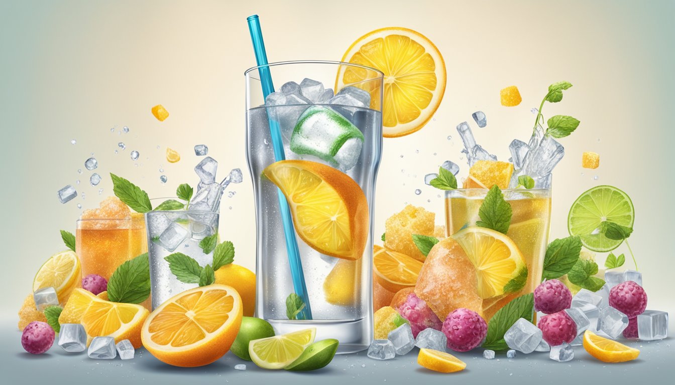 A glass of tonic water surrounded by sugary foods and drinks