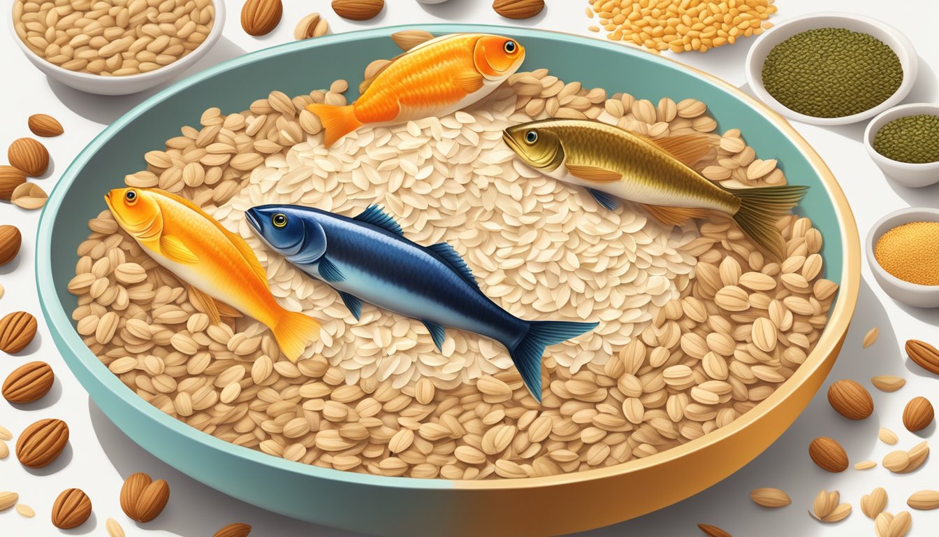 A bowl of oats surrounded by 10 different phosphorus-rich foods such as fish, nuts, and seeds