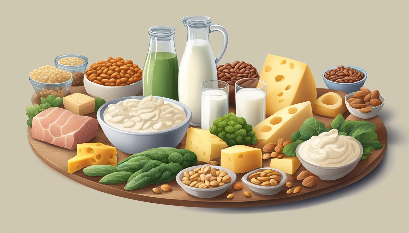 A table with 10 phosphorus-rich foods: milk, cheese, yogurt, nuts, seeds, fish, poultry, beef, pork, and beans