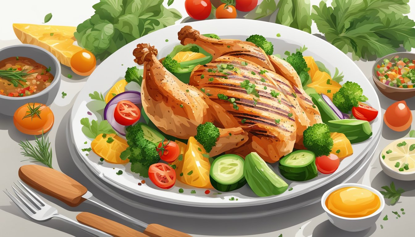 A juicy grilled chicken breast surrounded by colorful, fresh vegetables and a sprinkling of herbs on a clean, white plate