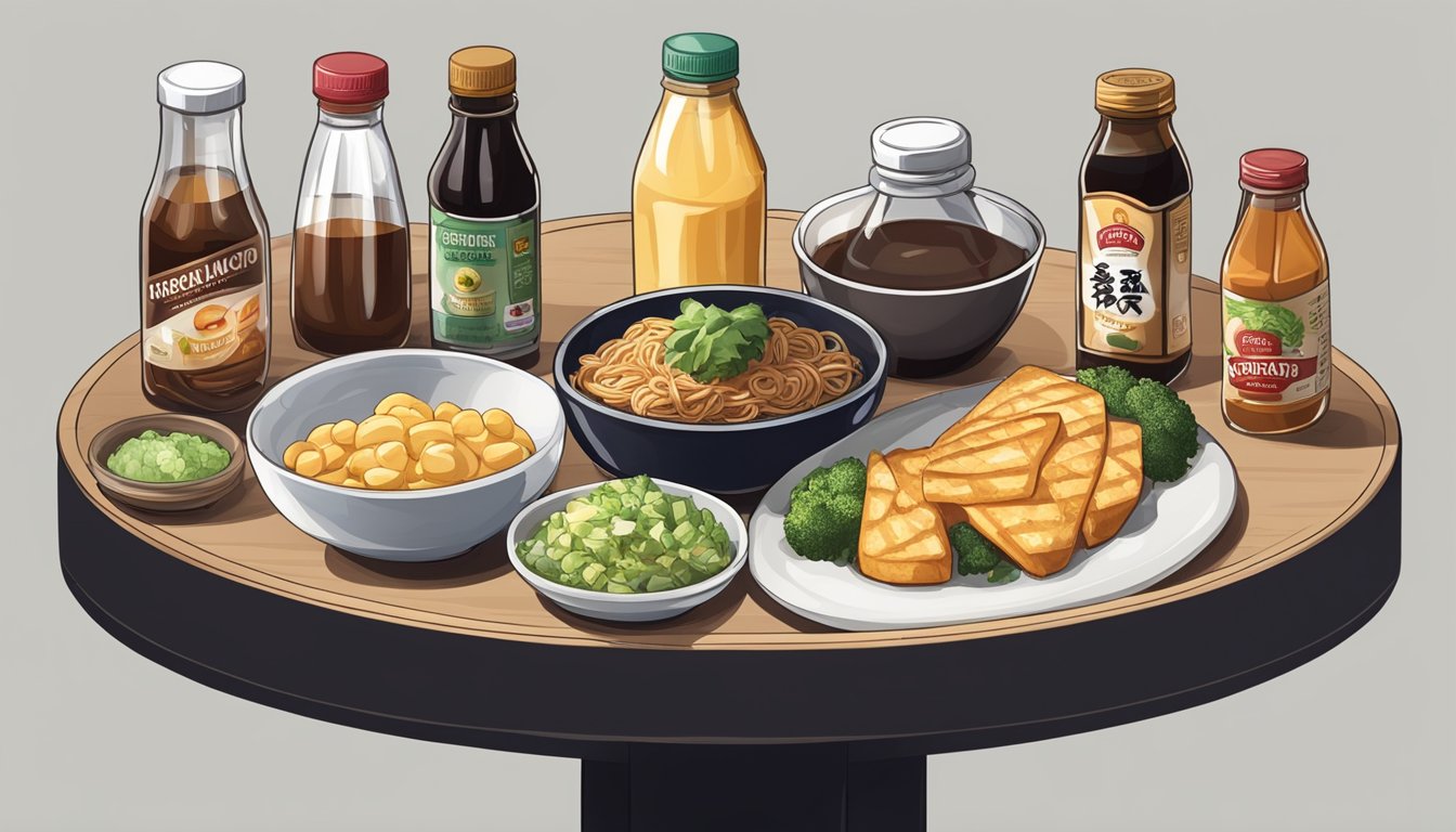 A table with various foods arranged, including soy sauce, with a spotlight illuminating them to highlight their high sodium content