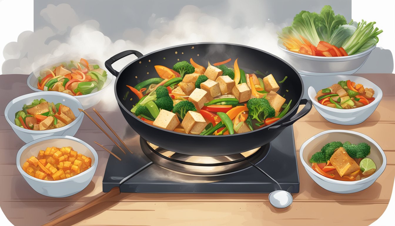 A colorful stir-fry sizzling in a hot wok, filled with tofu, assorted vegetables, and a savory sauce