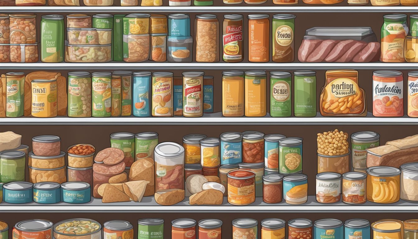 A pantry shelf filled with various canned soups, surrounded by other high-sodium foods like deli meats and processed snacks