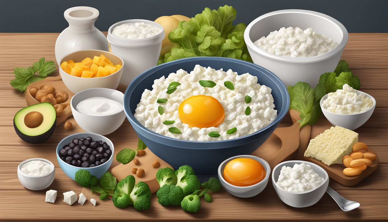 A bowl of cottage cheese surrounded by various high protein, low carb foods on a wooden table