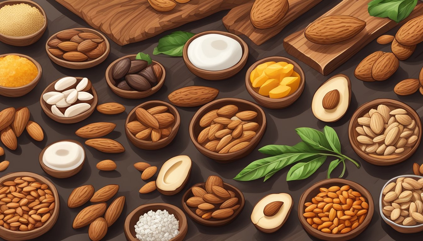 A variety of almonds, along with other high protein, low carb foods, arranged on a wooden cutting board