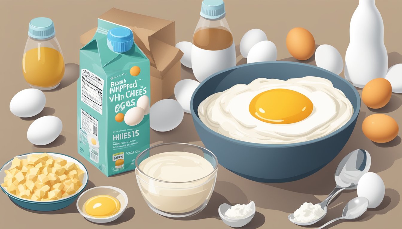 A bowl of whipped egg whites sits next to a carton of eggs, surrounded by other high protein, low carb foods